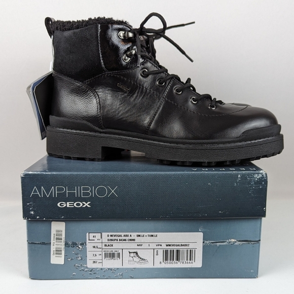 Geox Nevegal Amphibiox Waterproof Leather Combat Ankle Boot Black EU41 10.5 NIB - Picture 13 of 14